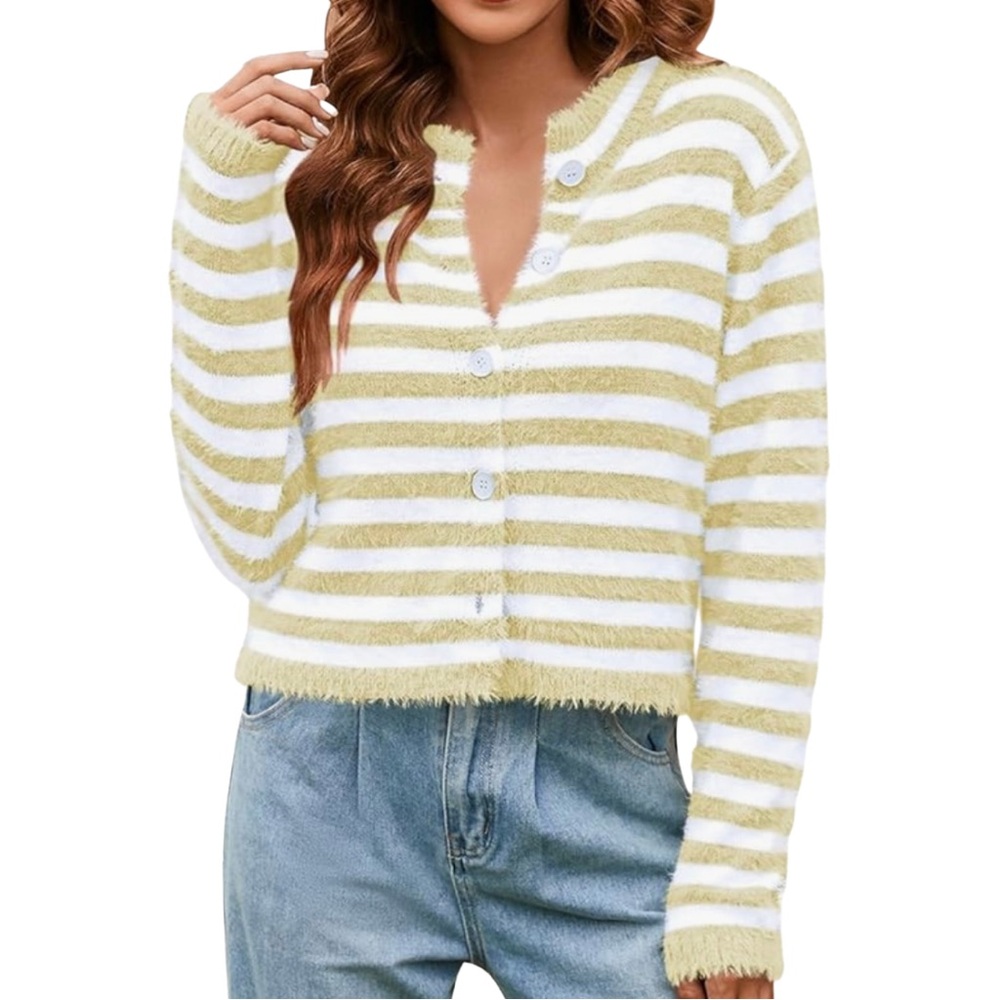 NWOT Striped Button-Up Women’s Cardigan Sweater | Butter Yellow + White (M)
